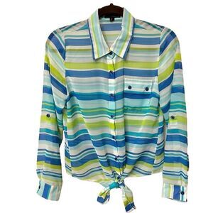 Pearl blue green stripe long sleeved button down tie front blouse